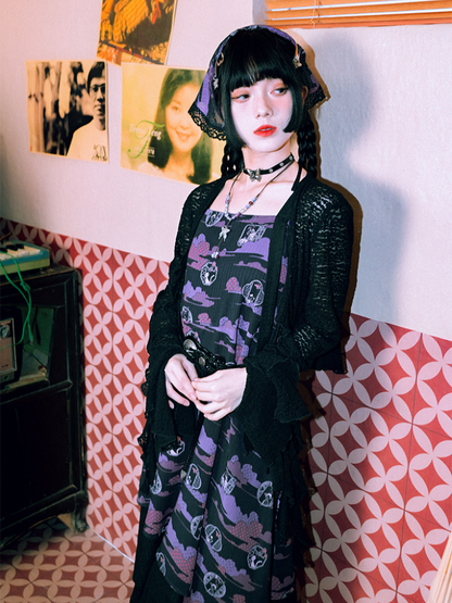 Dark print suspender skirt