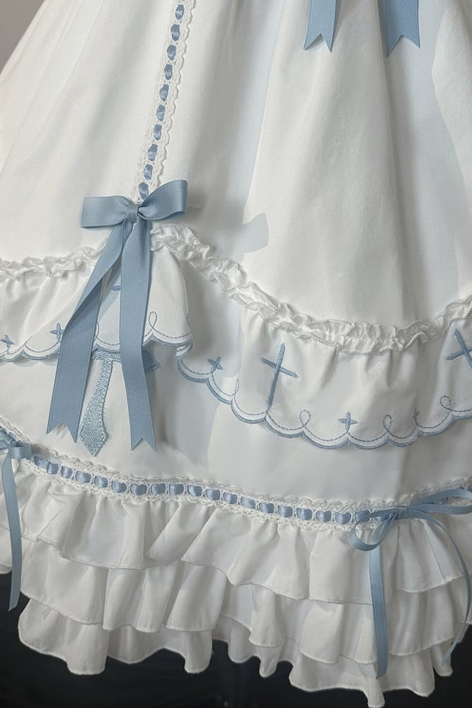 【10月4日予約締切】Blue & White / Pink & White Gothic-Inspired Sweet Lolita Ribbon Ruffle Dress＋Cross Embroidery Ribbon Cape
