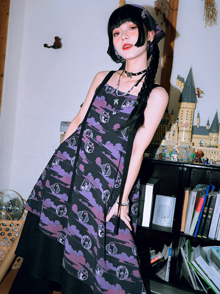 Dark print suspender skirt