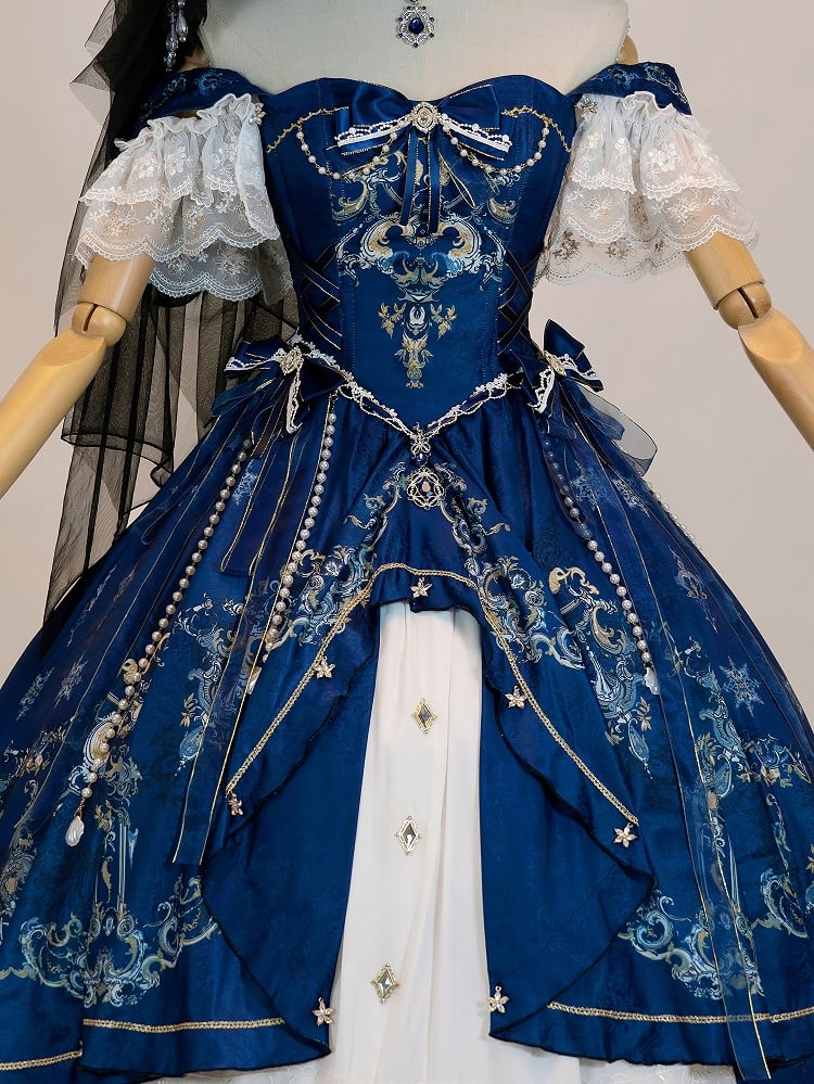 【5月3日予約締切】ダークブルーホワイトコルセットレースリボンロリータJKSプリンセスドレス＋コンプリートセット