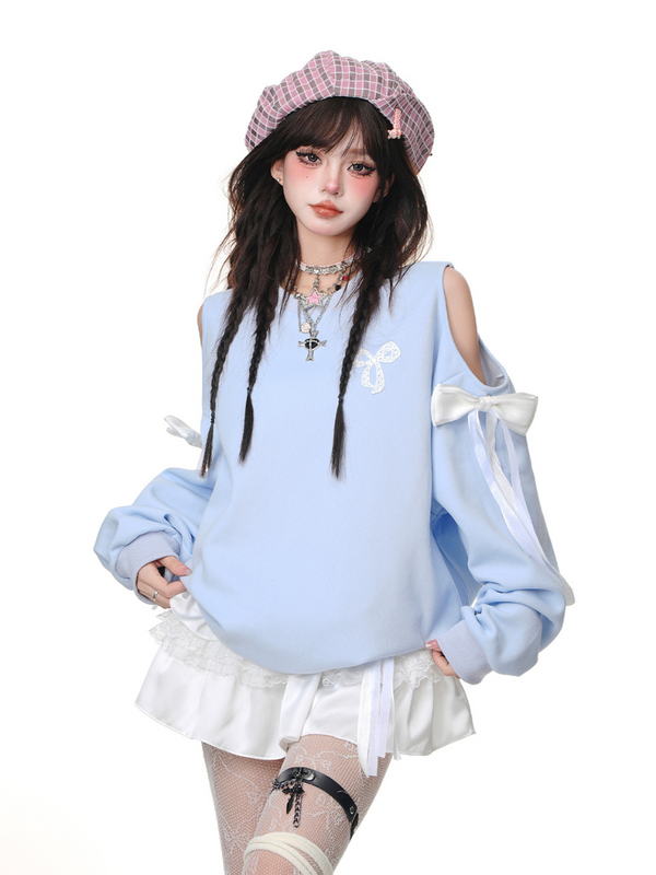 オフショルダー リボンスウェットトップス