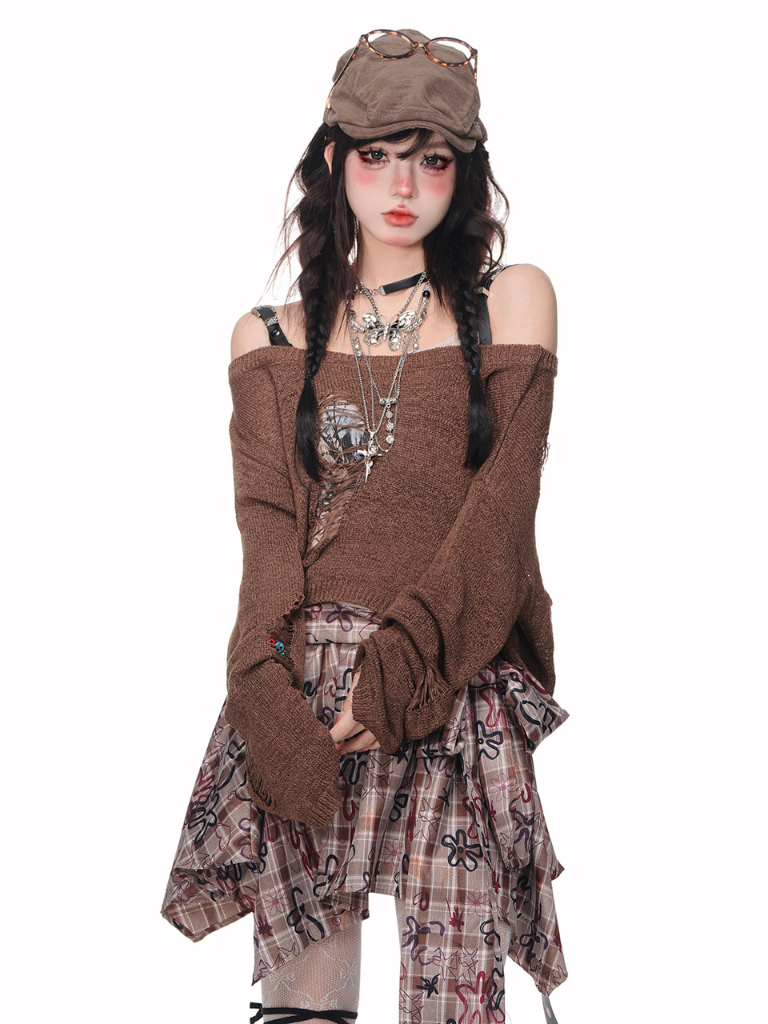 Brown Knit Cut Out Tops Set