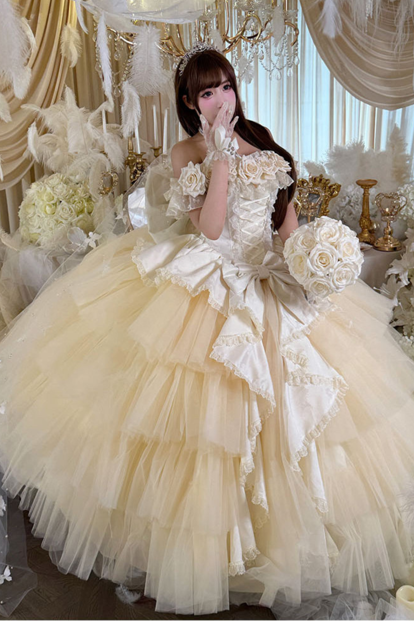 [예약상품] 4월 4일 예약마감]애프리콧 웨딩 로리타 원피스+숄+소매+리본 테일+베일