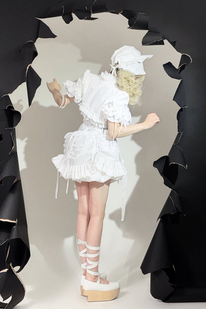 [Vorbestellschluss: 8. August] Gothic-Lolita Dark-Cat gestreifte kurze Rüschenjacke+Korsett-Bustier+hochziehbare kurze Rüschenshorts