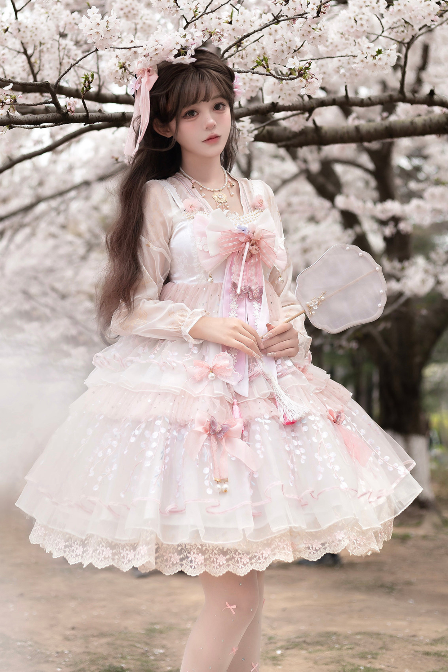 사쿠라 스위트 차이나 로리타 셔츠 + 목걸이 + 리본 + 베일 + 클립