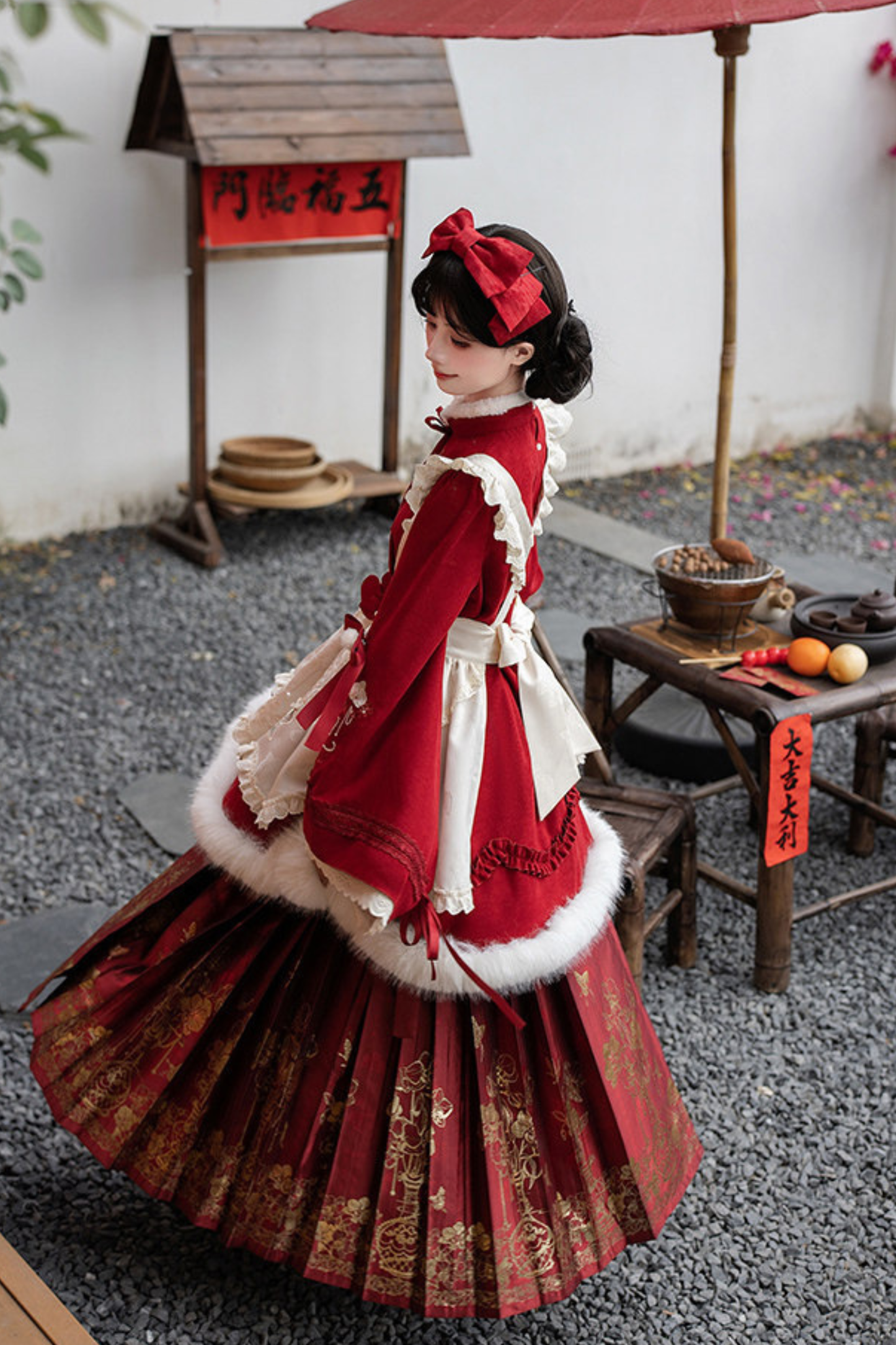 China Big Sleeve Dress + Apron + Skirt + Leg Warmers + Hairband + Clip + Pin