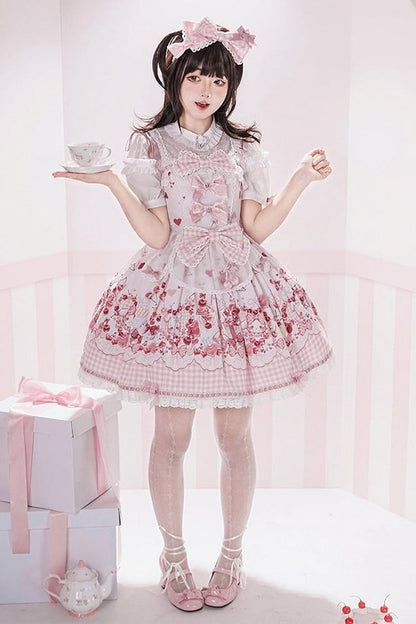 [Précommande jusqu'au 5 mai] Robe JSK à imprimé cerises roses, dentelle, ruban et tablier oreilles de lapin + accessoires
