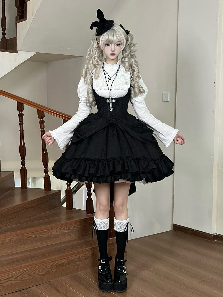 【4月18日予約締切】ダークゴシックロリータスタンドカラーパフスリーブラッフルシャツ（ロングスリーブ付き）