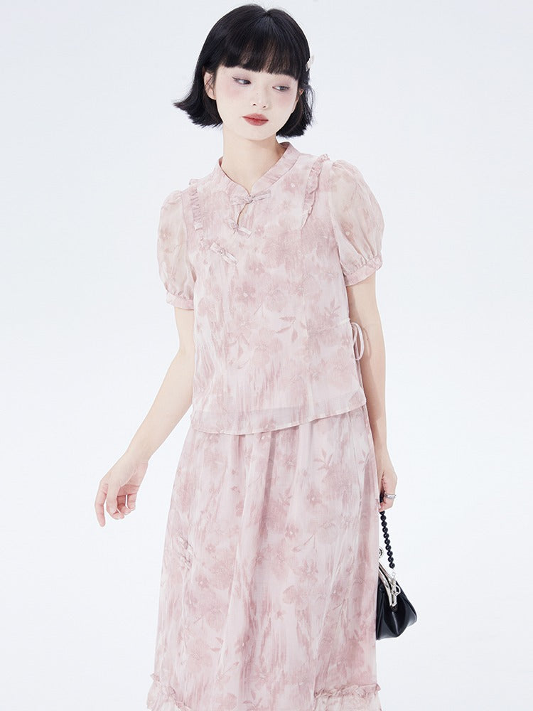 China Puff Sleeve Flower Print Top & Skirt Two Piece Set