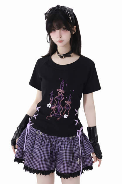 パープルグリッドカラーブロックトップス+フードトップス+パンツ+レッグウォーマー