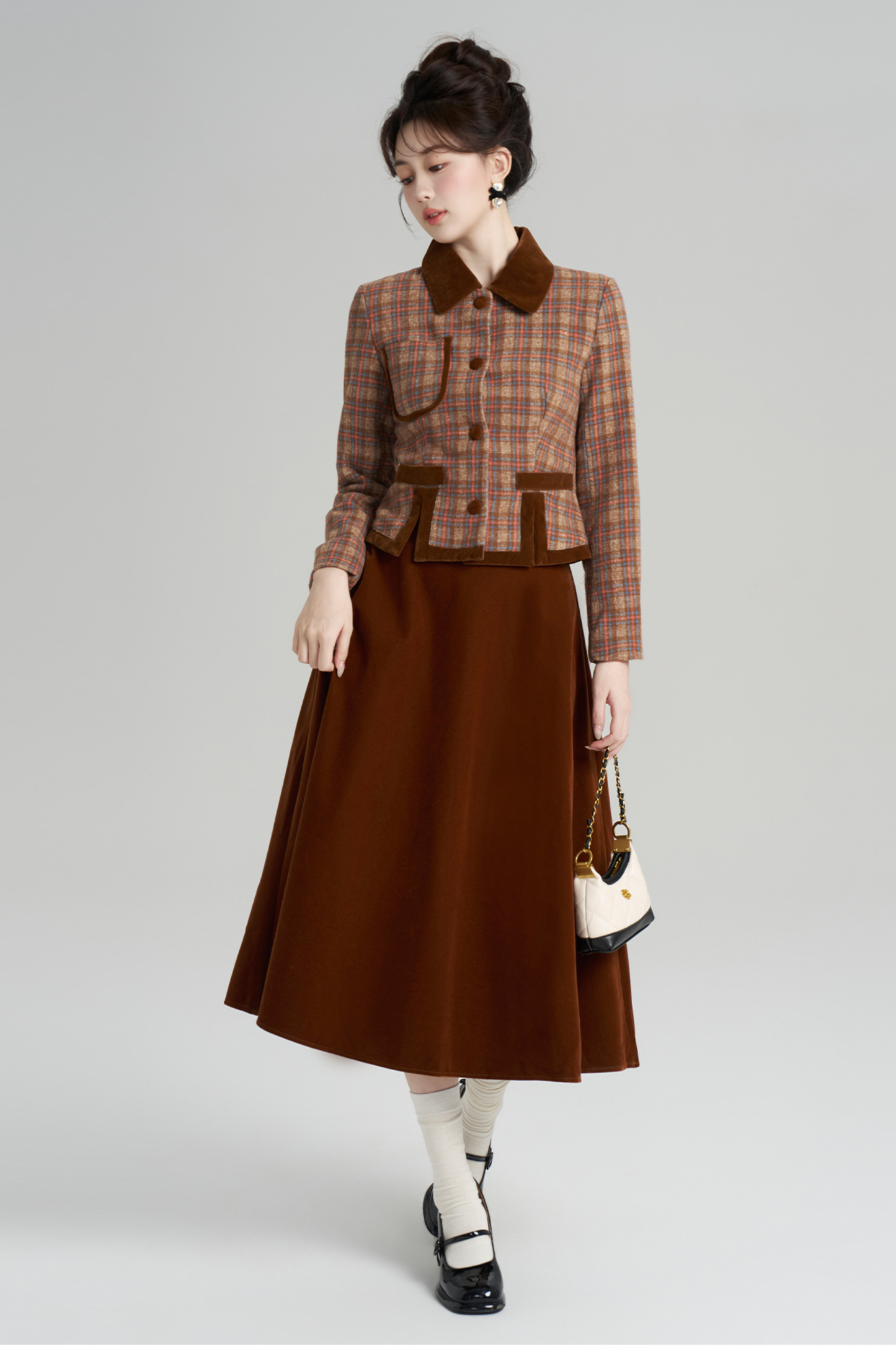 チェックジャケット+レトロプラッドベルベットスカート