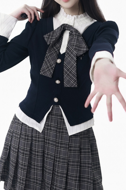 カレッジスリムフェイクツーピーストップス+チェックキュロット