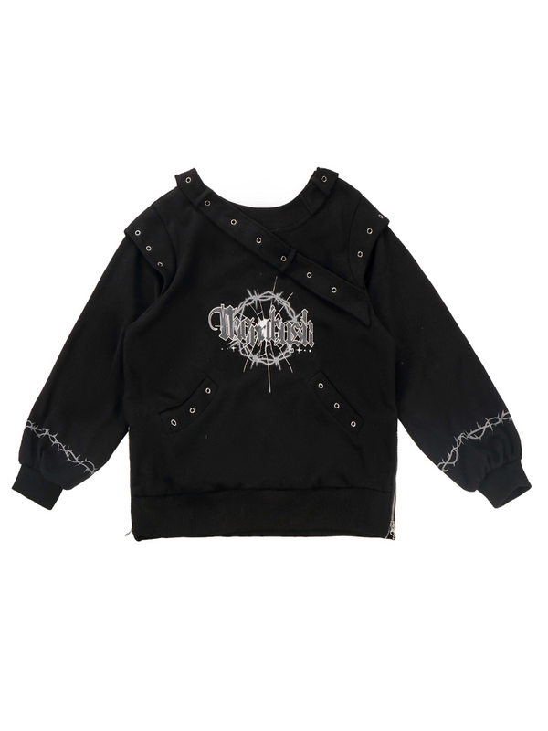 ダークソーンプリントデザインスウェットスーツアイレットトレーナー＋レースイレギュラースカート