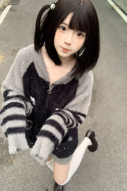 キャットルーズフードジッパーカーディガン