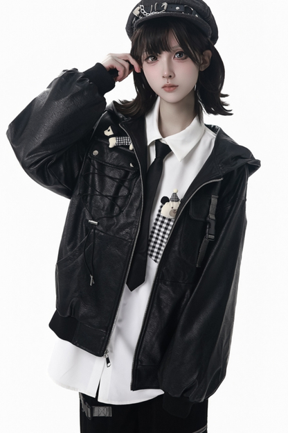 Leather jacket + shirt + long pants + sweatshirt + skirt