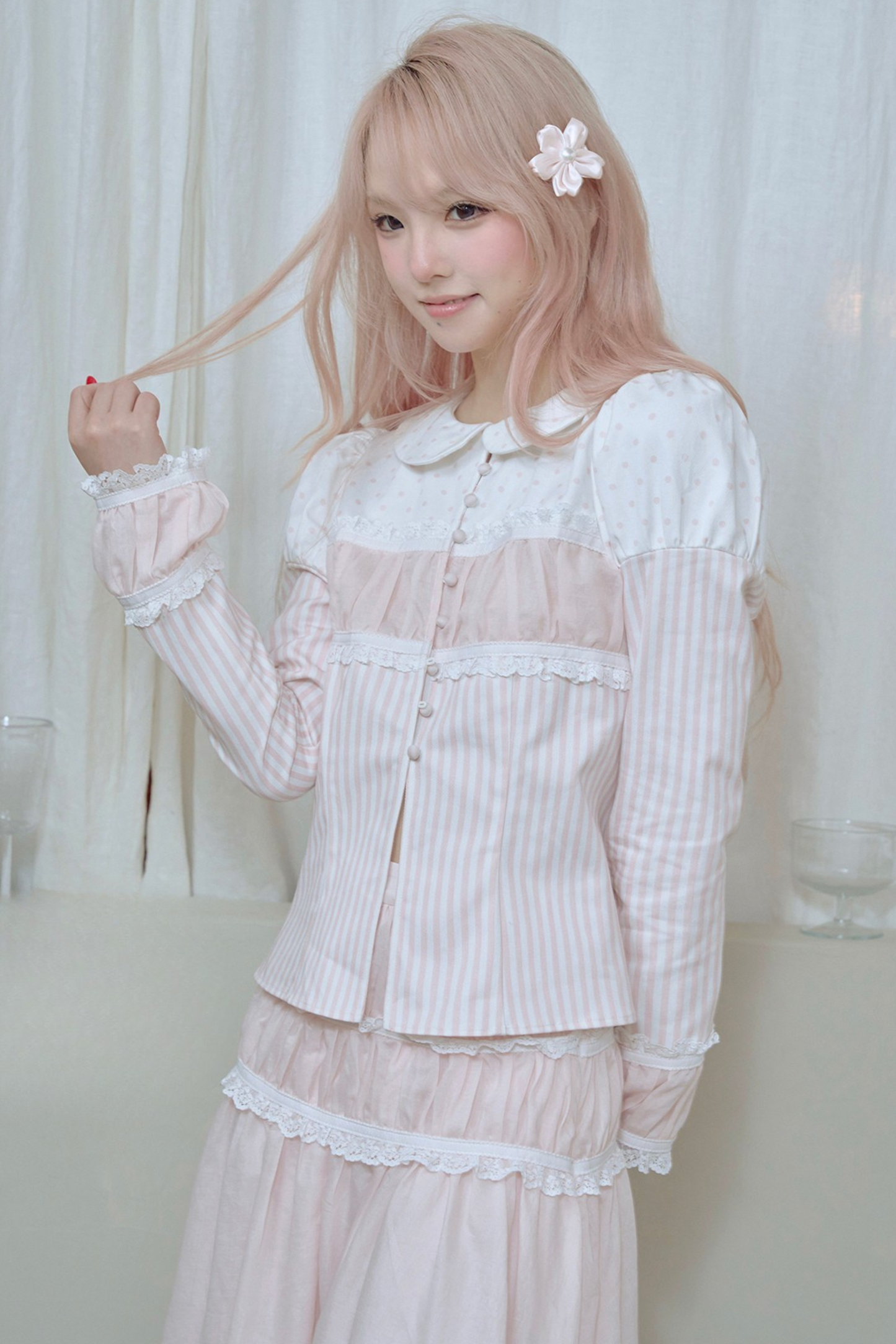 ストライプドールカラーパフスリーブシャツ