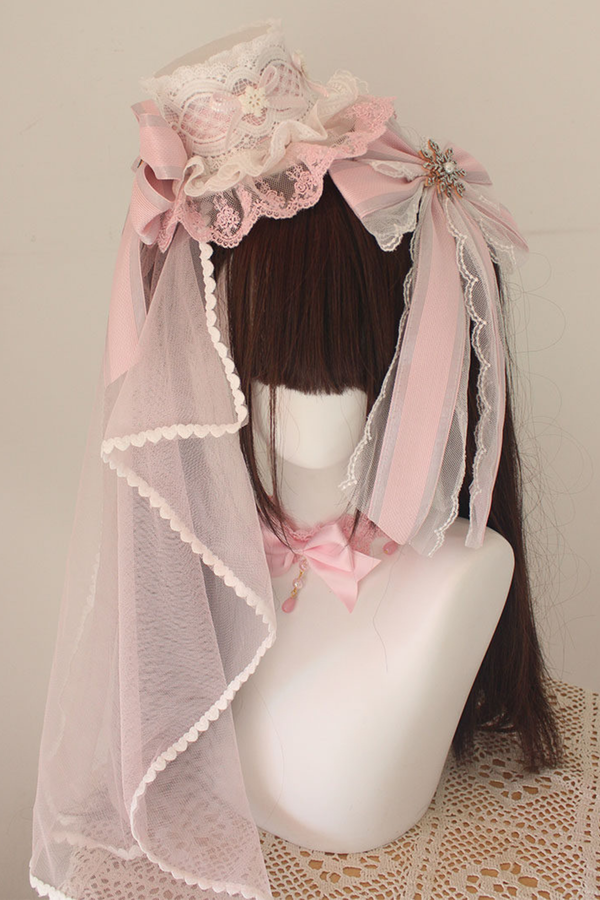 レースロリータボネットハット+カチューシャ+スリーブ+ピン+ハット+ベール