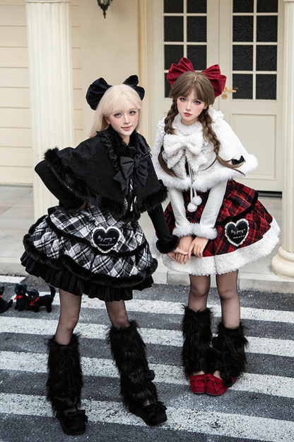 チェックドールジャンパースカート+リボンブローチ+ピン+ラブブローチ+ショール+トップス+レッグカバー