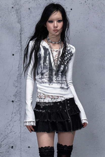 레이스 패치워크 타이트 후드 파커