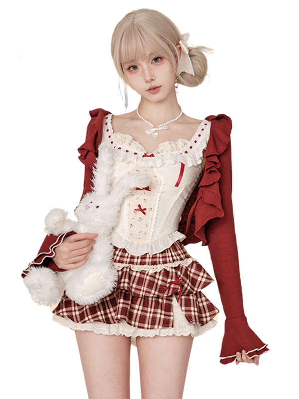 Red Wine Sweet Cherry Summer Suit Red Cardigan + Vest Top + High Waist Red Check Skirt