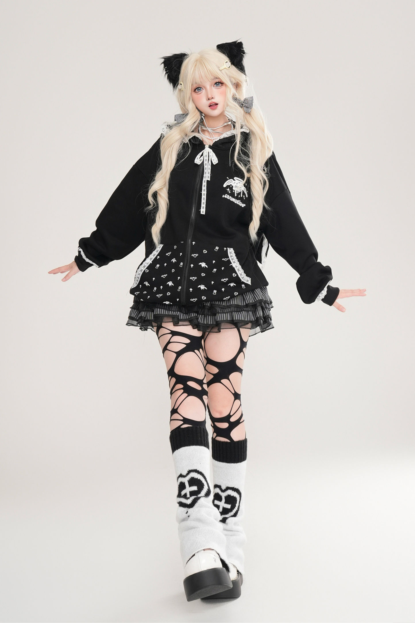 Lace Bunny Hooded Loose Hoodie