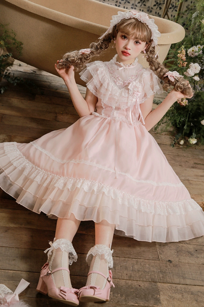 Cherry blossom color sweet princess Lolita dress + doll color top + sheer cardigan + apron