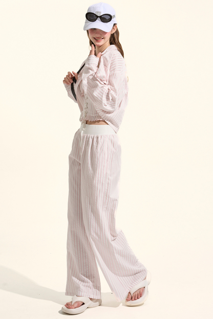 ストライプシャツ+ルーズパンツ+バンドゥ