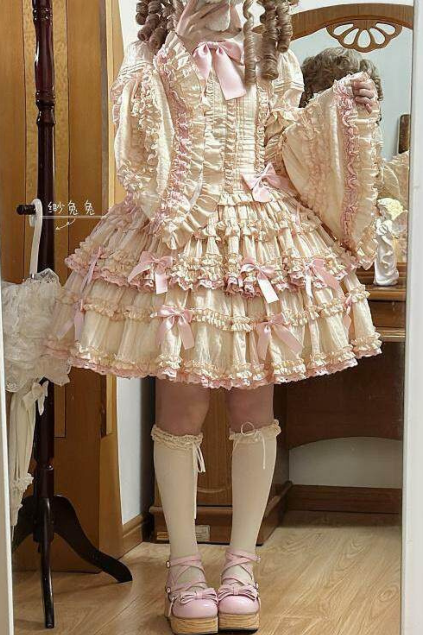 ピュアガールリボンロリータスカート+インナー+ベスト+ヘアバンド+スリーブ
