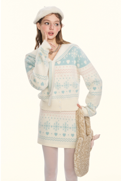 Snowflake sailor collar knit + tight skirt