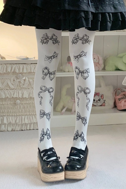 Sweet Bow Design Velvet Print Tights