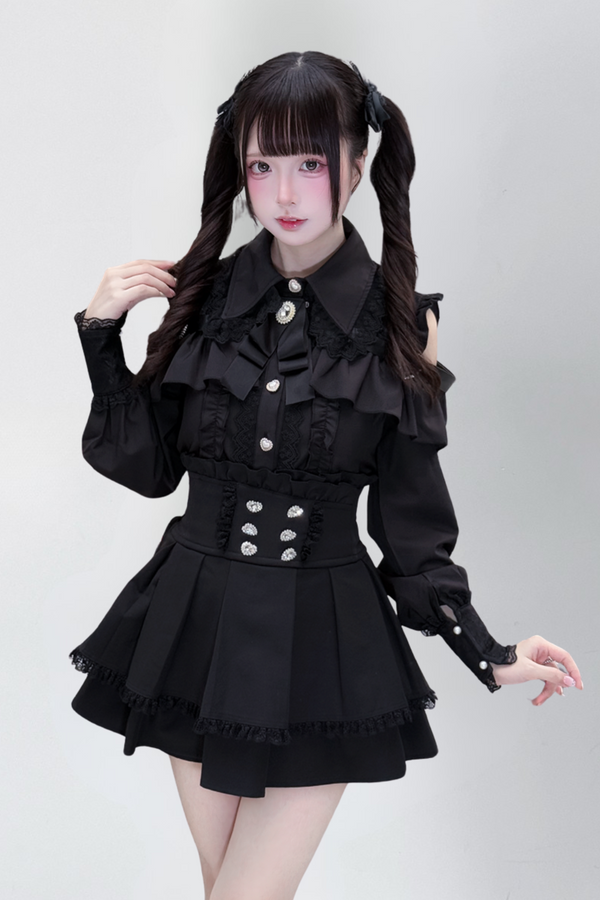 [Deadline for reservations: October 15] Open Shoulder Heart Leather Strap Ruffle Ribbon Shirt