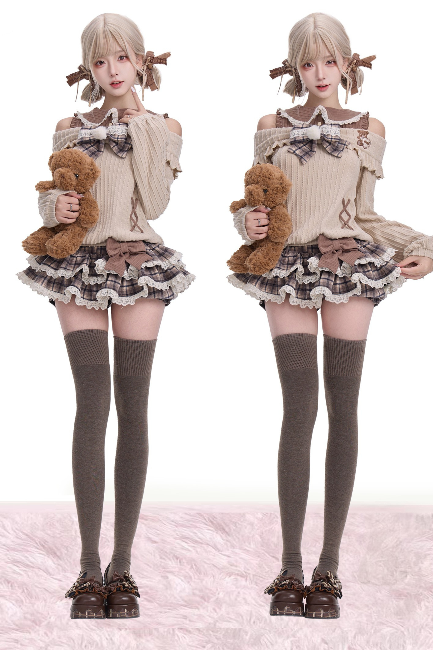 ライトブラウンニットトップス+ケーキスカート