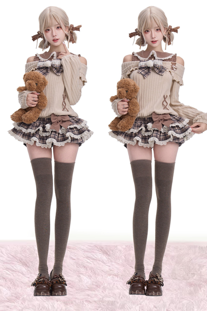 ライトブラウンニットトップス+ケーキスカート