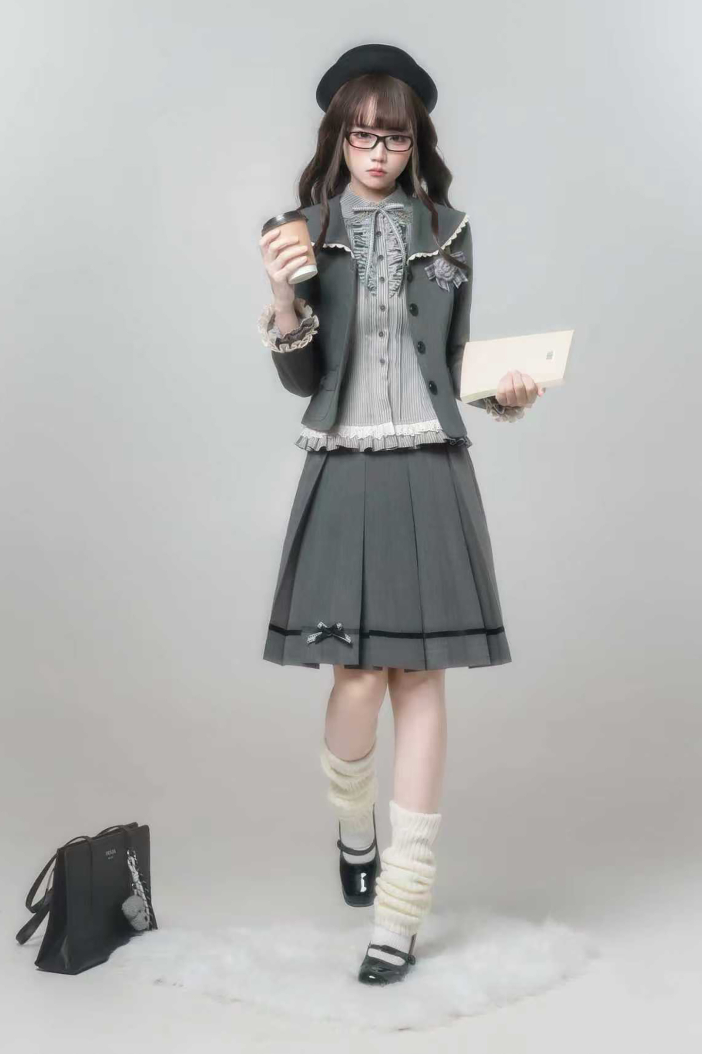 エレガントレトロカレッジジャケット+シャツ+スカート+ブローチ