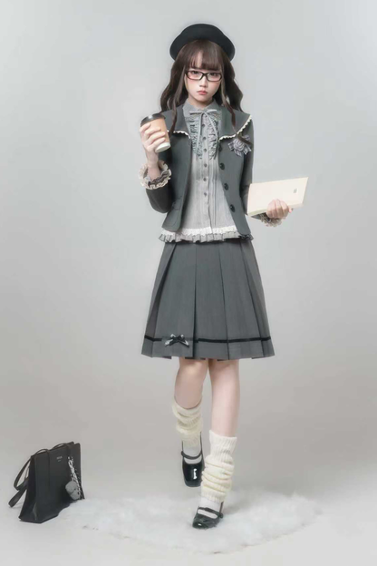 エレガントレトロカレッジジャケット+シャツ+スカート+ブローチ