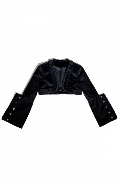 [Reservierungsschluss 6. November] Kurze Jacke im braunen Steampunk- und schwarzen Gothic-Mode-Stil aus Samt mit Rüschenbesatz, Herzmotiv und Manschettendekor