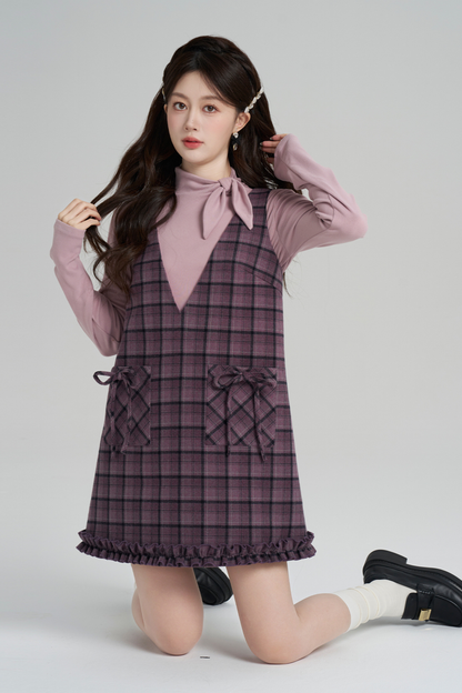 パープルプレイドラッフルドレス+トップス