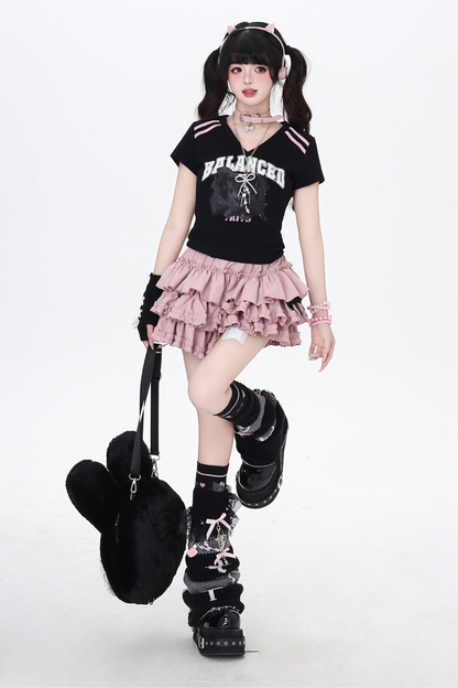 ホットガールVネックブラックピンクトップス