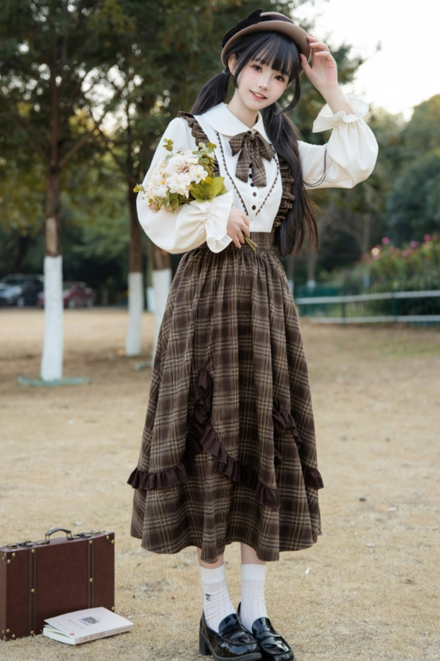 Elegant Check Suspender Skirt + Retro Blouse