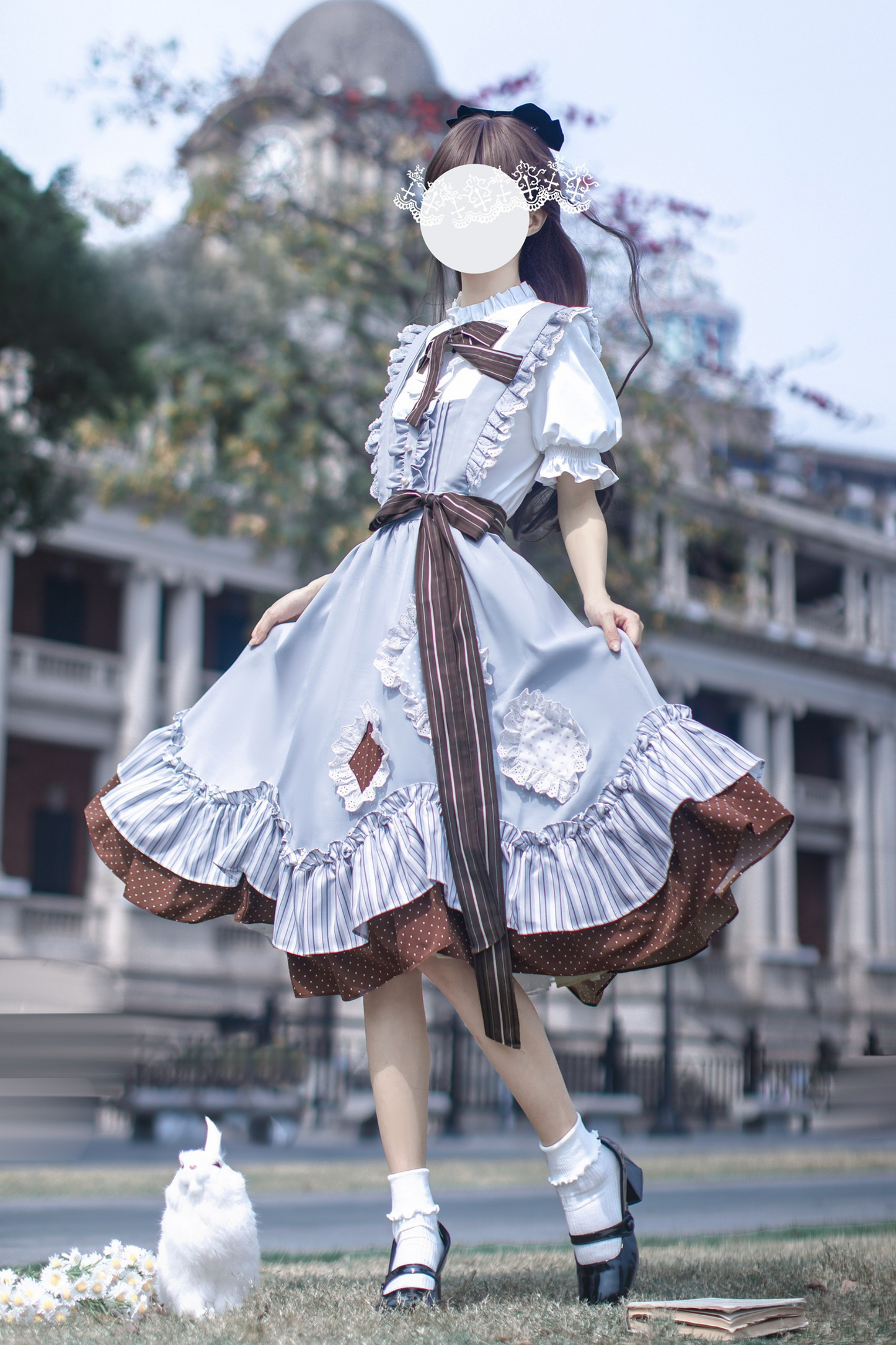 【予約商品】レトロアリス風サスペンダースカート＋シャツ＋リボンネクタイ＋ブローチ＋ヘアクリップ