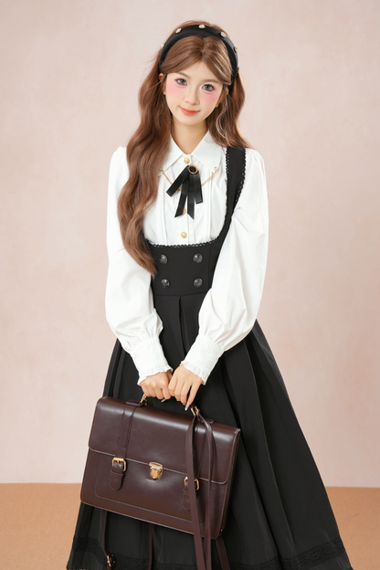 フレンチフレアサスペンダースカート+シャツ