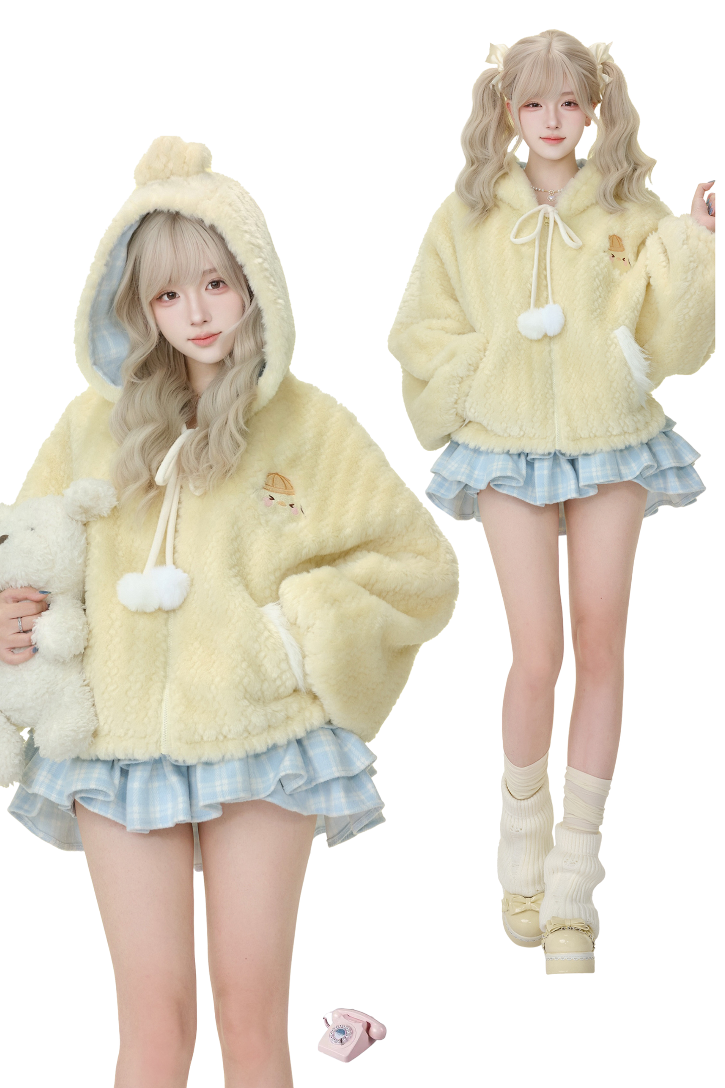 カスタードプリンイエロープラッシュジャケット+ブルーチェックケーキスカート