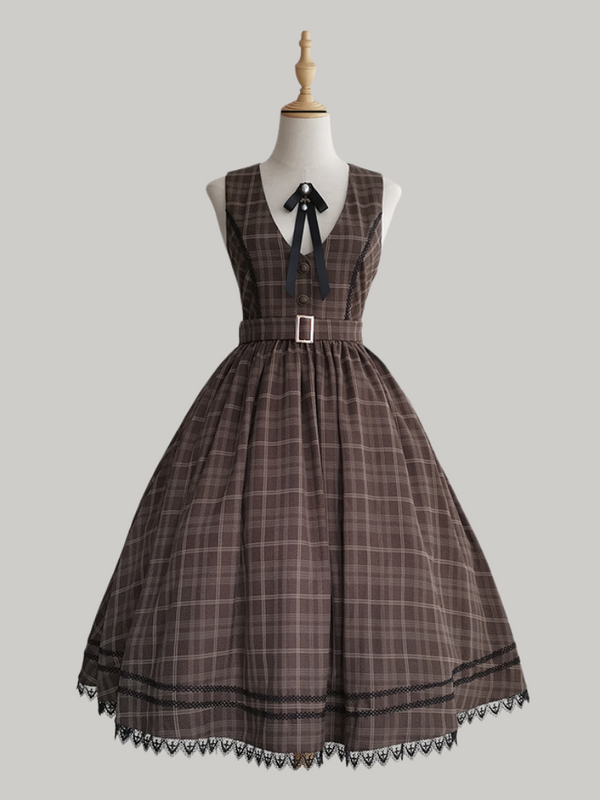 Forest Brown Check Belt V-Neck Dress