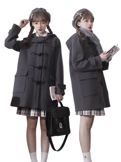 College Style Horn Button Coat Wool Coat