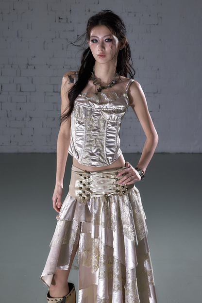 레트로 레이스 새틴 바스티에르 캐미솔