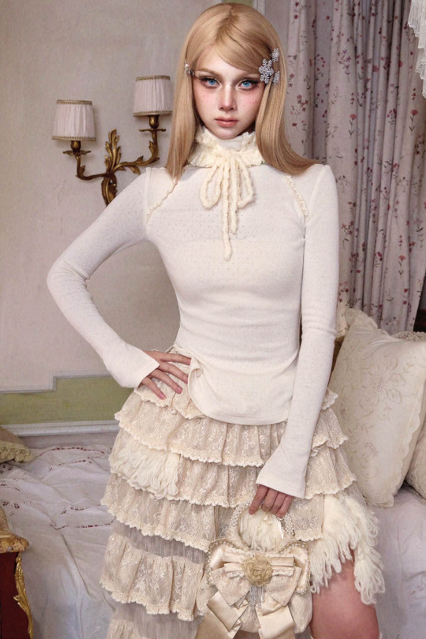 タイトピュアタートルネックトップス+ファーハット