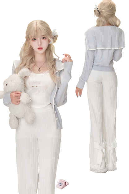 ミルクブルーシーソルトライトブルーニットカーディガン+プリントサスペンダー+ニットパンツ