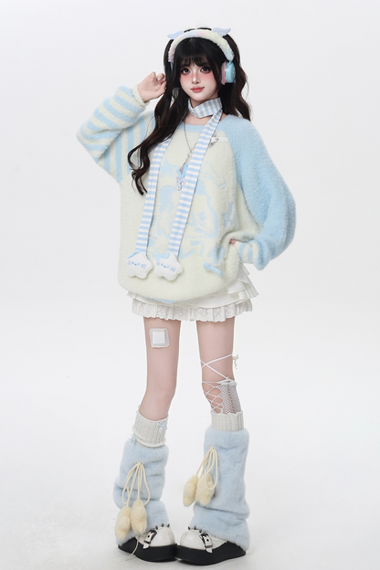 Hooded Loose Top with Striped Asymmetrical Ears