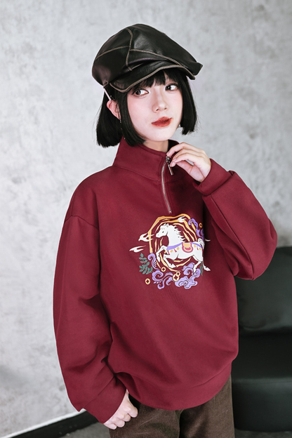 Retro china mode zip-neck top