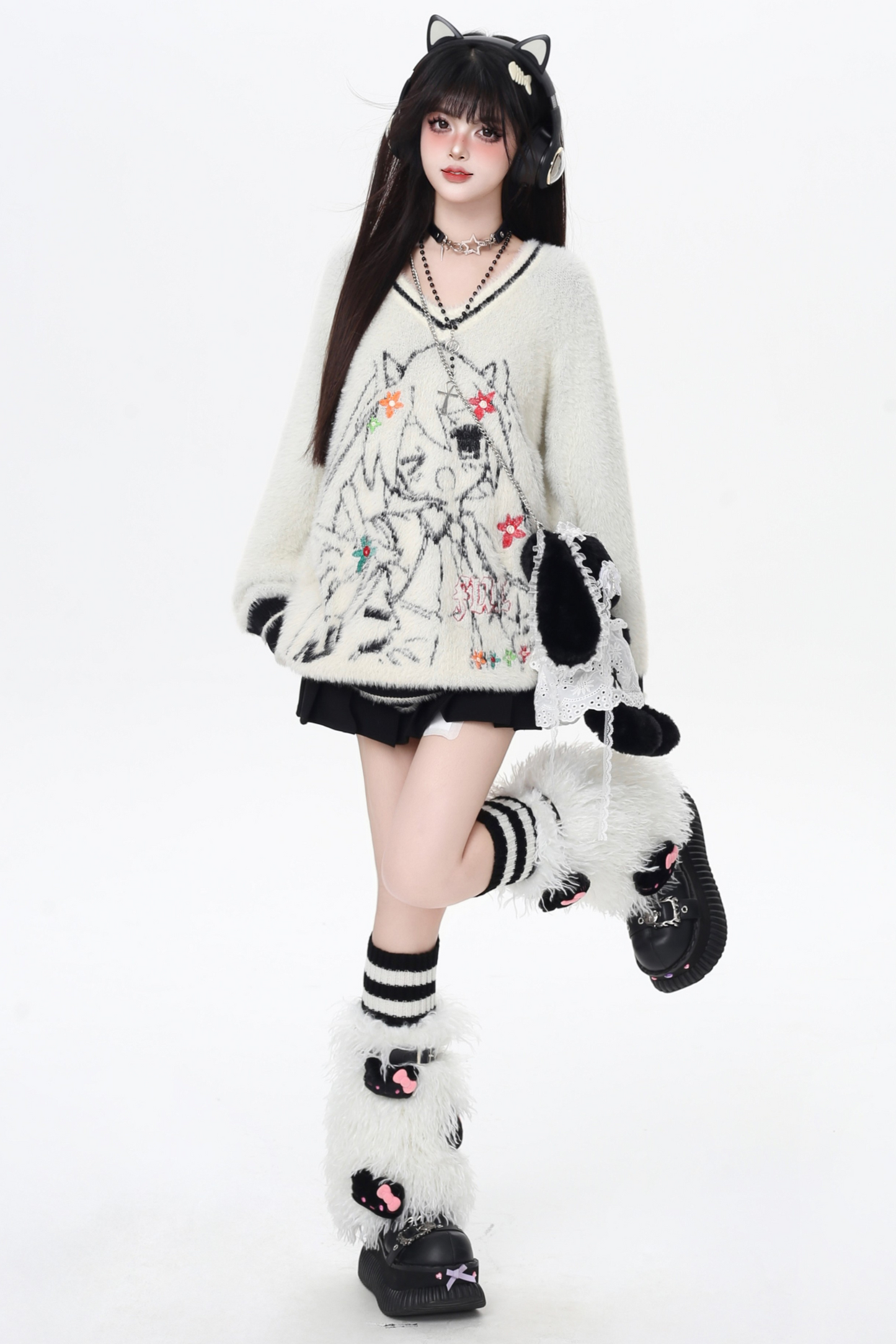 ミンクファーVネックルーズセーター